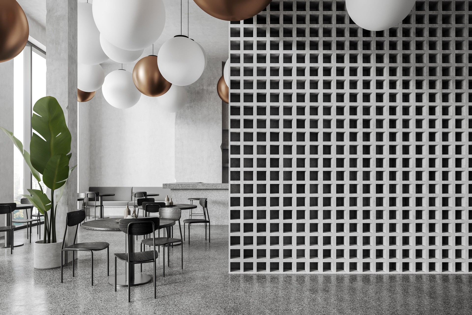 White loft restaurant interior with lamps and blank wall